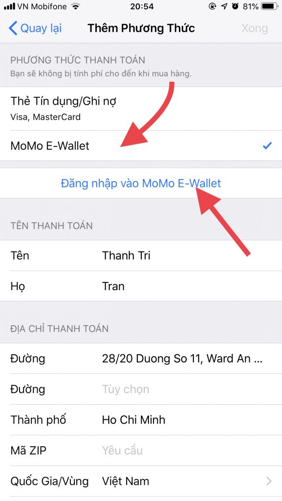 Liên kết MoMo với App Store