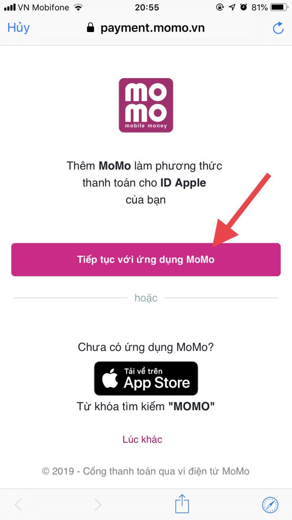 Liên kết MoMo với App Store